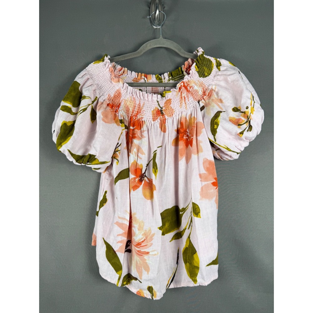 CeCe Blouse Women S Pink Floral Smocked Off the Shoulder Puff Sleeve Rayon Linen